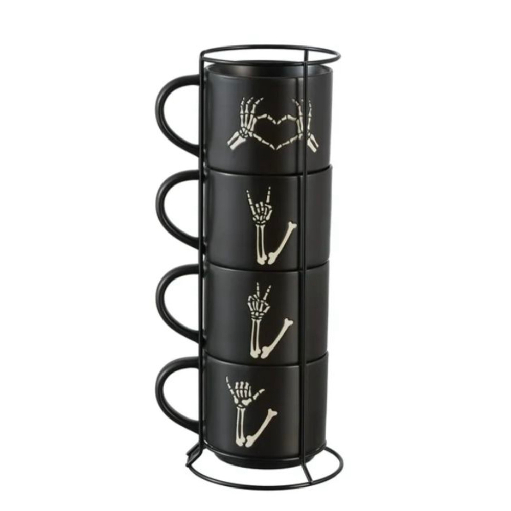 Stoneware Skeleton Hand Black Stacking Mug Set with Rack Peace Love Rock n Roll